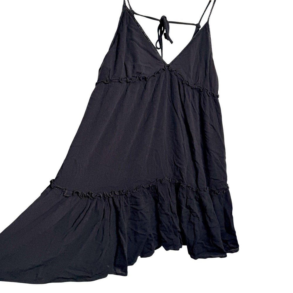 Boho Tiered Gauze Mini Dress XXL Black Spaghetti Straps Summer Sun Beach Coverup